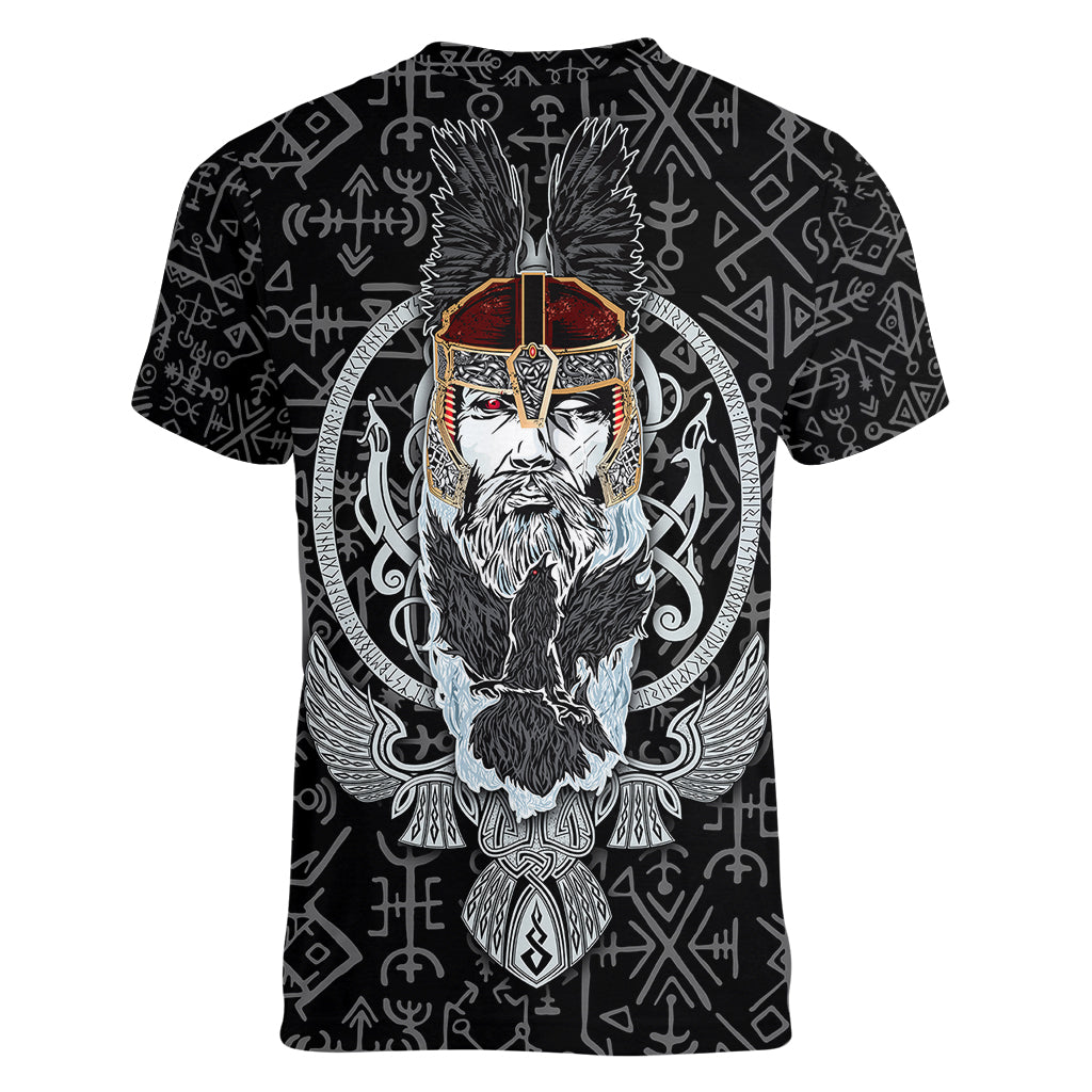 Viking Odin Women V Neck T Shirt The All-Father God in Norse Mythology with Runes Pattern - Wonder Print Shop