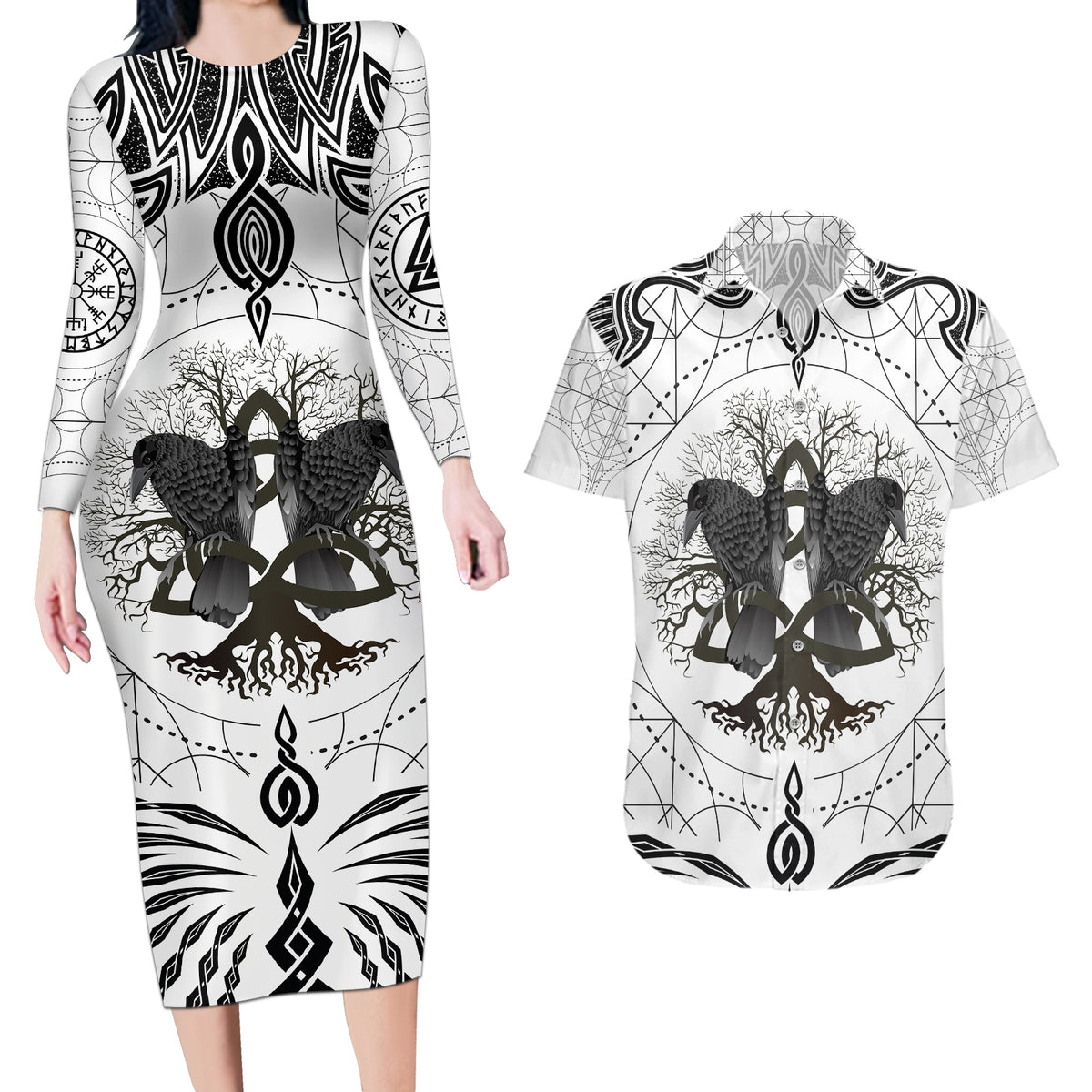 Mystic Valknut and Viking Circle Couples Matching Long Sleeve Bodycon Dress and Hawaiian Shirt with Twin Raven Accents - Wonder Print Shop
