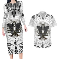 Mystic Valknut and Viking Circle Couples Matching Long Sleeve Bodycon Dress and Hawaiian Shirt with Twin Raven Accents - Wonder Print Shop
