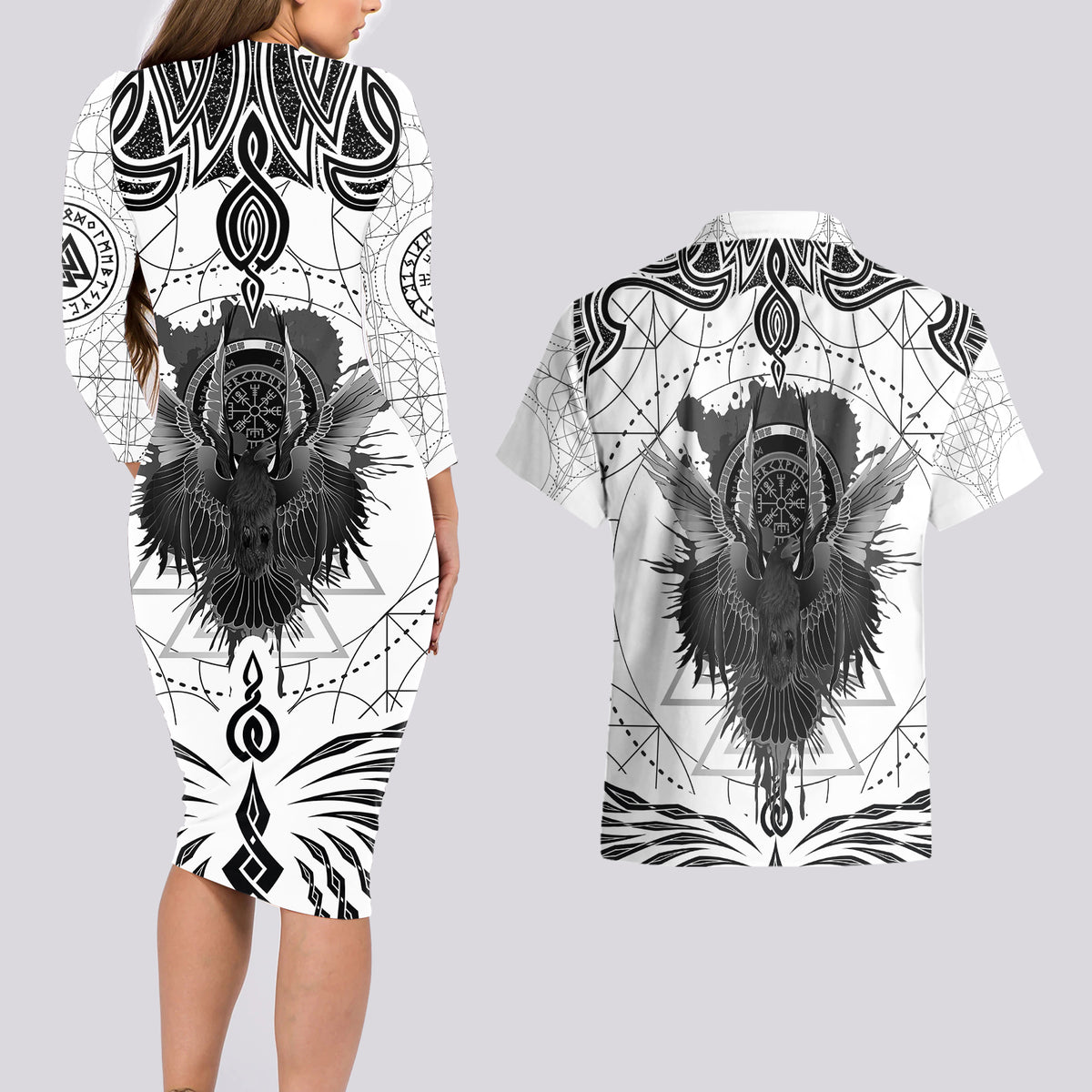 Mystic Valknut and Viking Circle Couples Matching Long Sleeve Bodycon Dress and Hawaiian Shirt with Twin Raven Accents - Wonder Print Shop