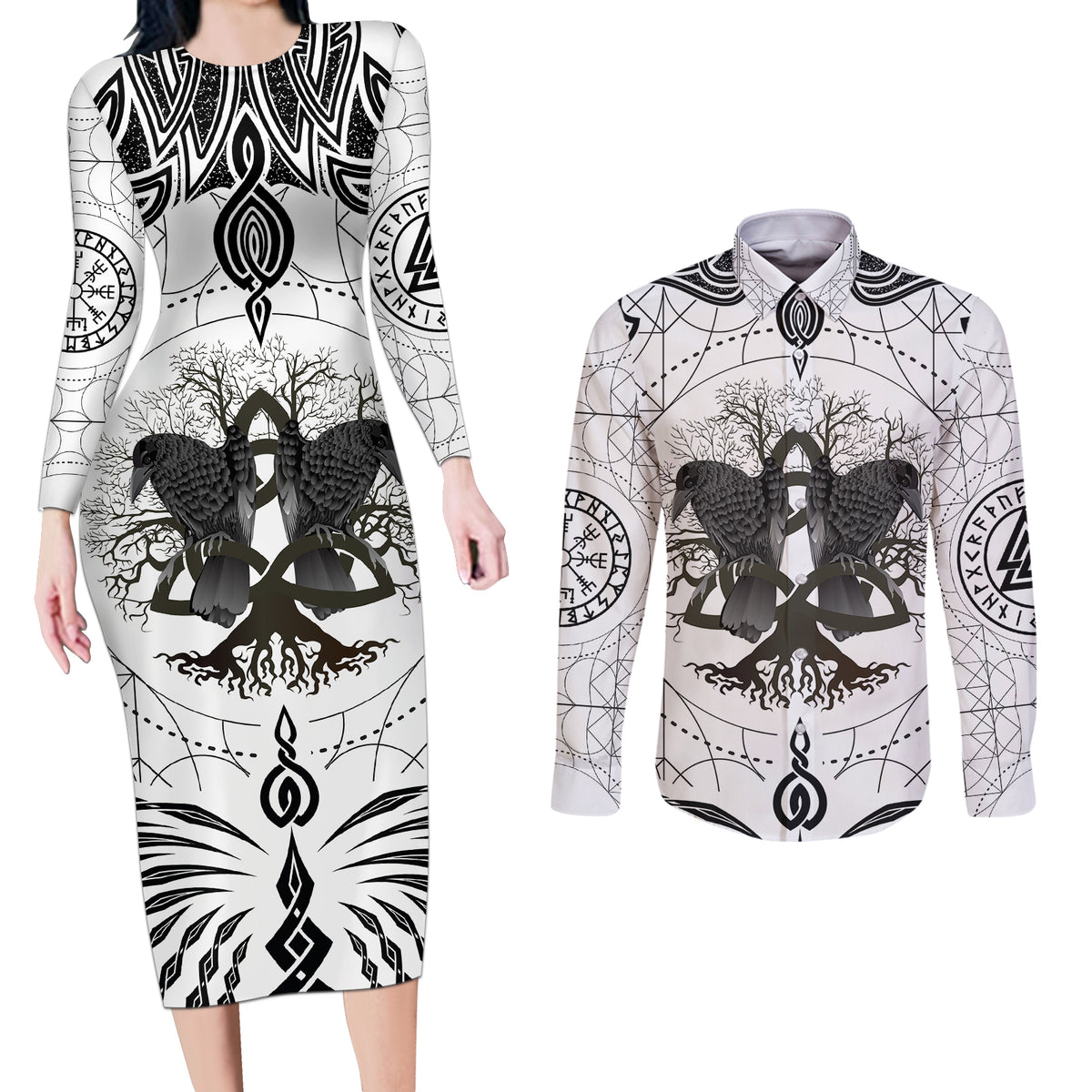 Mystic Valknut and Viking Circle Couples Matching Long Sleeve Bodycon Dress and Long Sleeve Button Shirts with Twin Raven Accents - Wonder Print Shop