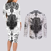 Mystic Valknut and Viking Circle Couples Matching Long Sleeve Bodycon Dress and Long Sleeve Button Shirts with Twin Raven Accents - Wonder Print Shop