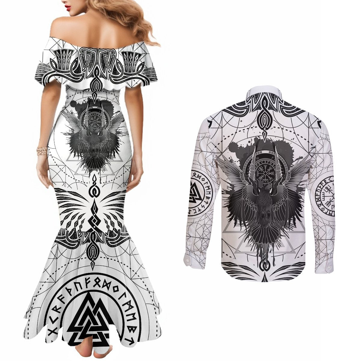 mystic-valknut-and-viking-circle-couples-matching-mermaid-dress-and-long-sleeve-button-shirts-with-twin-raven-accents