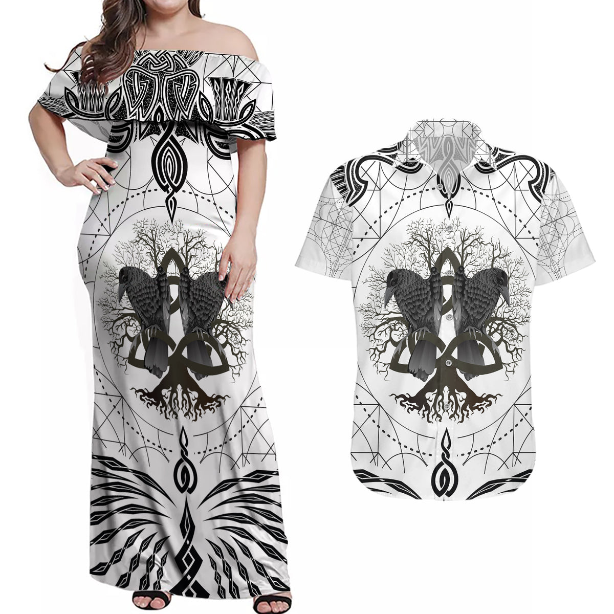 Mystic Valknut and Viking Circle Couples Matching Off Shoulder Maxi Dress and Hawaiian Shirt with Twin Raven Accents - Wonder Print Shop