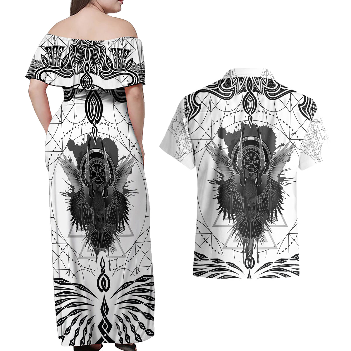 Mystic Valknut and Viking Circle Couples Matching Off Shoulder Maxi Dress and Hawaiian Shirt with Twin Raven Accents - Wonder Print Shop
