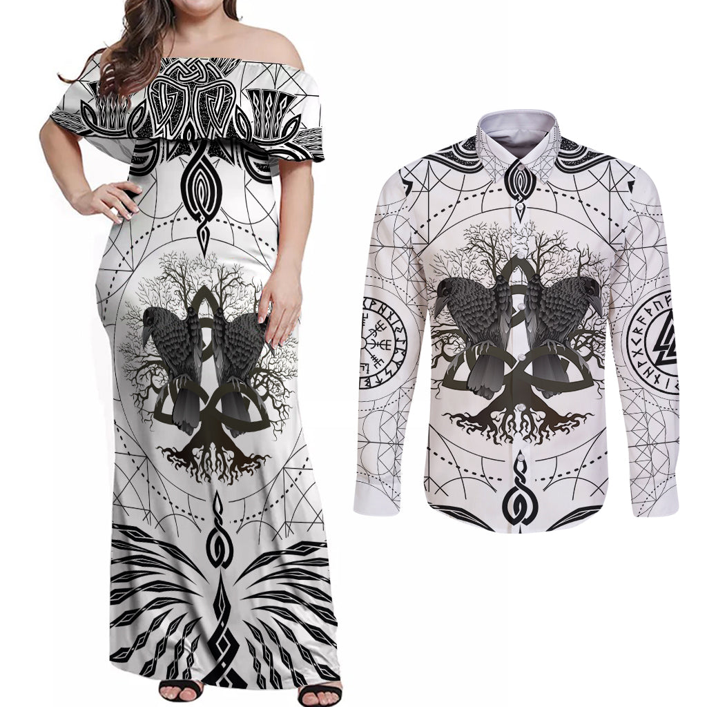 Mystic Valknut and Viking Circle Couples Matching Off Shoulder Maxi Dress and Long Sleeve Button Shirts with Twin Raven Accents - Wonder Print Shop