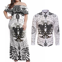 Mystic Valknut and Viking Circle Couples Matching Off Shoulder Maxi Dress and Long Sleeve Button Shirts with Twin Raven Accents - Wonder Print Shop