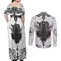 Mystic Valknut and Viking Circle Couples Matching Off Shoulder Maxi Dress and Long Sleeve Button Shirts with Twin Raven Accents - Wonder Print Shop