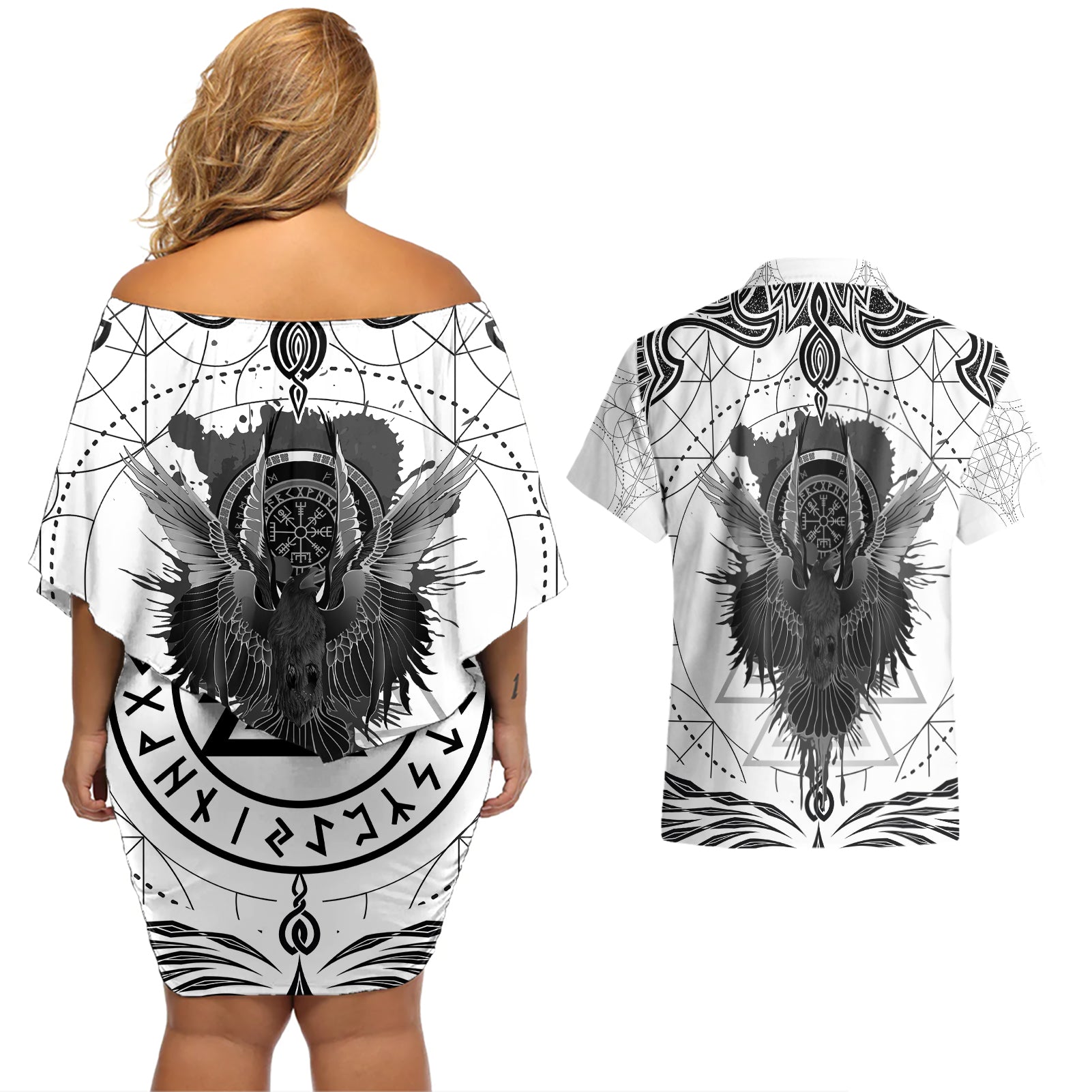 Mystic Valknut and Viking Circle Couples Matching Off Shoulder Short Dress and Hawaiian Shirt with Twin Raven Accents - Wonder Print Shop