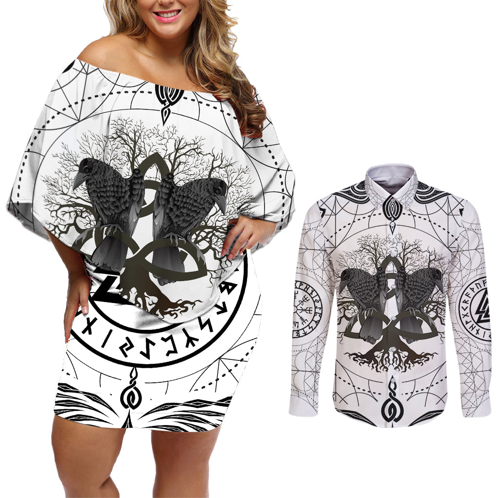 Mystic Valknut and Viking Circle Couples Matching Off Shoulder Short Dress and Long Sleeve Button Shirts with Twin Raven Accents - Wonder Print Shop