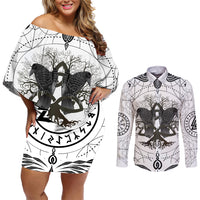 Mystic Valknut and Viking Circle Couples Matching Off Shoulder Short Dress and Long Sleeve Button Shirts with Twin Raven Accents - Wonder Print Shop