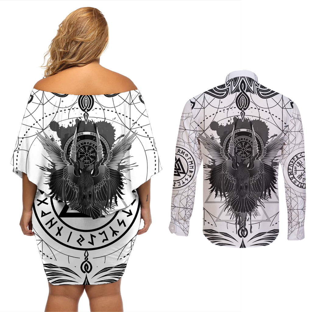 Mystic Valknut and Viking Circle Couples Matching Off Shoulder Short Dress and Long Sleeve Button Shirts with Twin Raven Accents - Wonder Print Shop