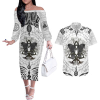 Mystic Valknut and Viking Circle Couples Matching Off The Shoulder Long Sleeve Dress and Hawaiian Shirt with Twin Raven Accents - Wonder Print Shop