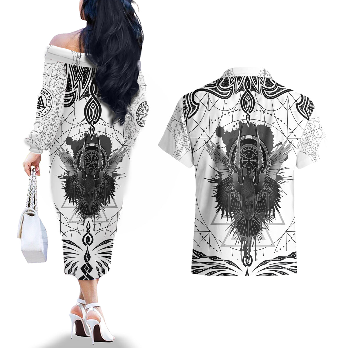 Mystic Valknut and Viking Circle Couples Matching Off The Shoulder Long Sleeve Dress and Hawaiian Shirt with Twin Raven Accents - Wonder Print Shop