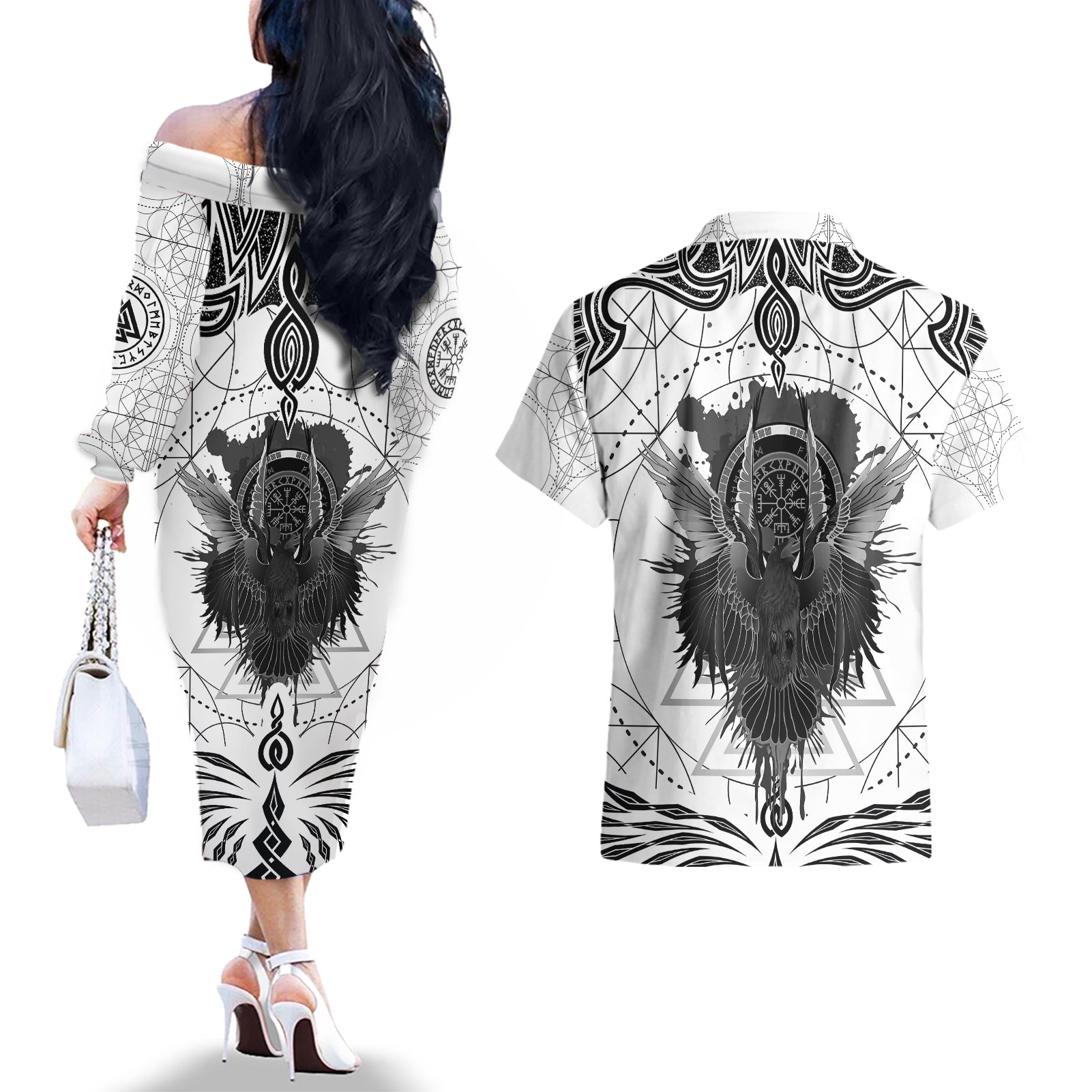 Mystic Valknut and Viking Circle Couples Matching Off The Shoulder Long Sleeve Dress and Hawaiian Shirt with Twin Raven Accents - Wonder Print Shop