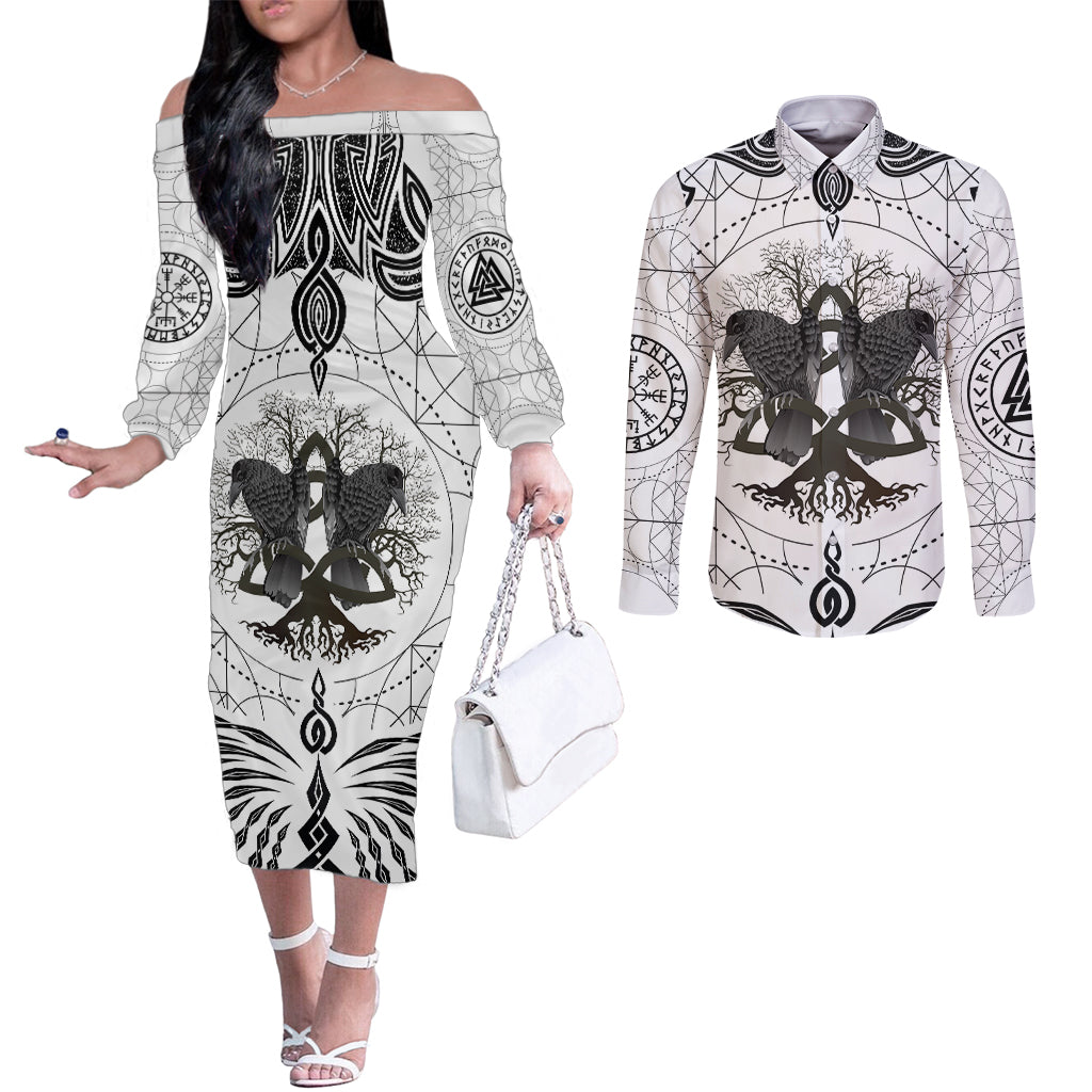 mystic-valknut-and-viking-circle-couples-matching-off-the-shoulder-long-sleeve-dress-and-long-sleeve-button-shirts-with-twin-raven-accents