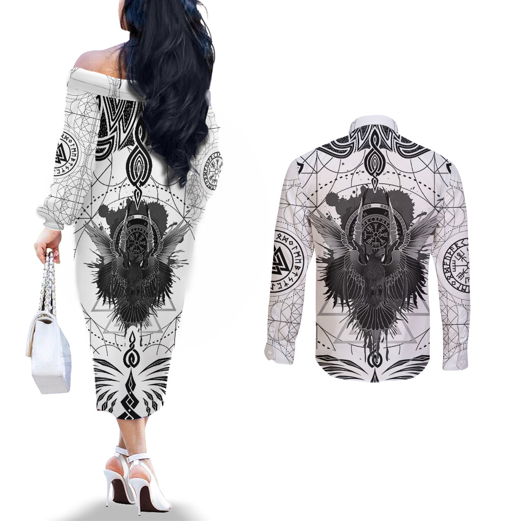 mystic-valknut-and-viking-circle-couples-matching-off-the-shoulder-long-sleeve-dress-and-long-sleeve-button-shirts-with-twin-raven-accents