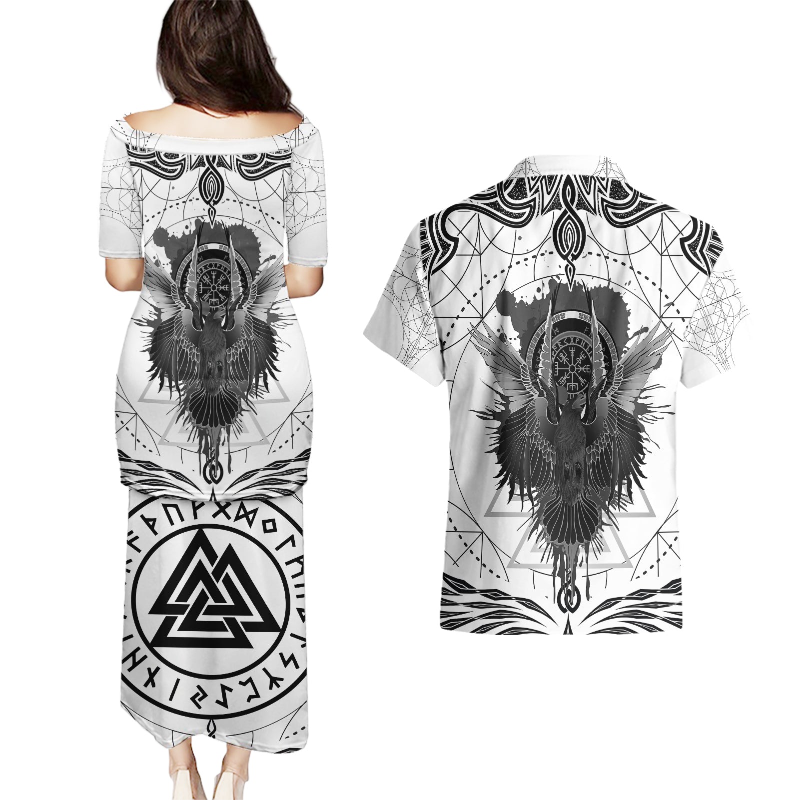 Mystic Valknut and Viking Circle Couples Matching Puletasi Dress and Hawaiian Shirt with Twin Raven Accents - Wonder Print Shop