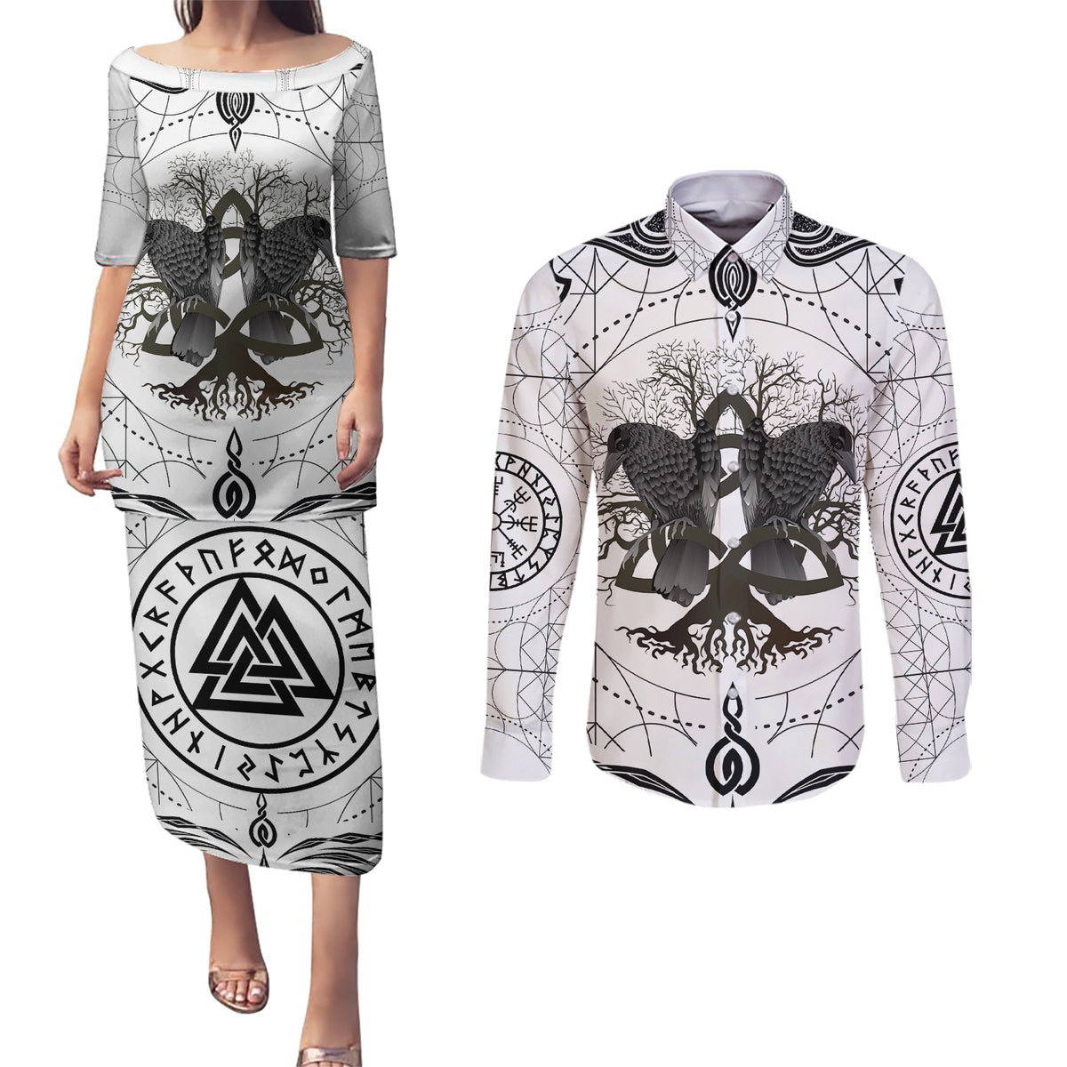 Mystic Valknut and Viking Circle Couples Matching Puletasi Dress and Long Sleeve Button Shirts with Twin Raven Accents - Wonder Print Shop