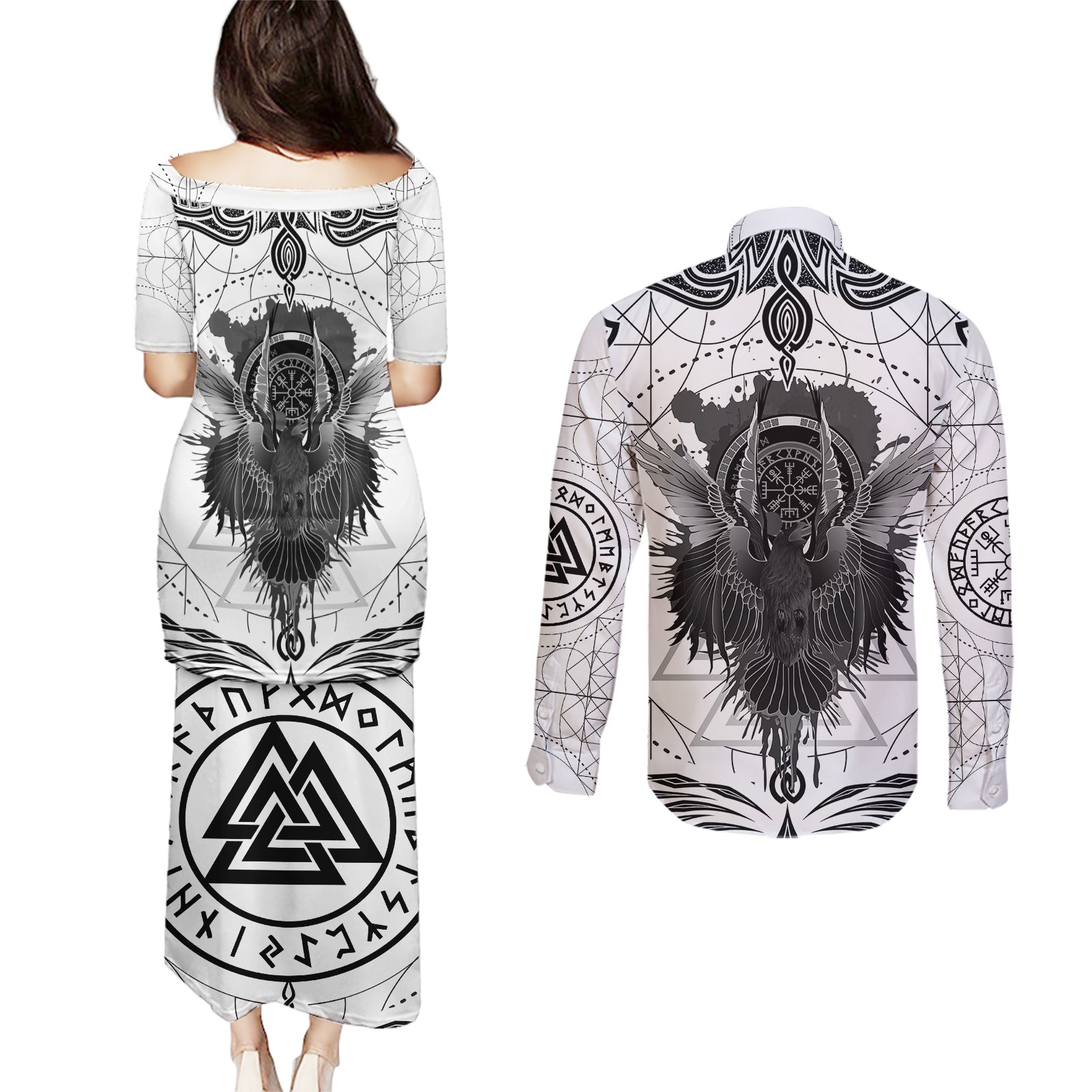 Mystic Valknut and Viking Circle Couples Matching Puletasi Dress and Long Sleeve Button Shirts with Twin Raven Accents - Wonder Print Shop