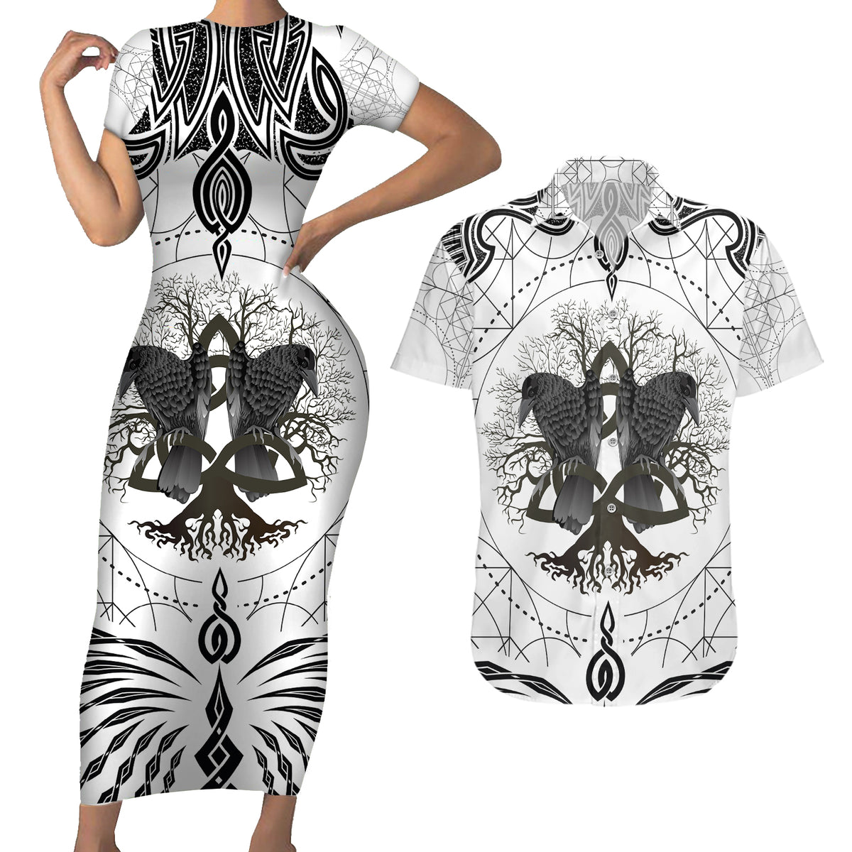 Mystic Valknut and Viking Circle Couples Matching Short Sleeve Bodycon Dress and Hawaiian Shirt with Twin Raven Accents - Wonder Print Shop