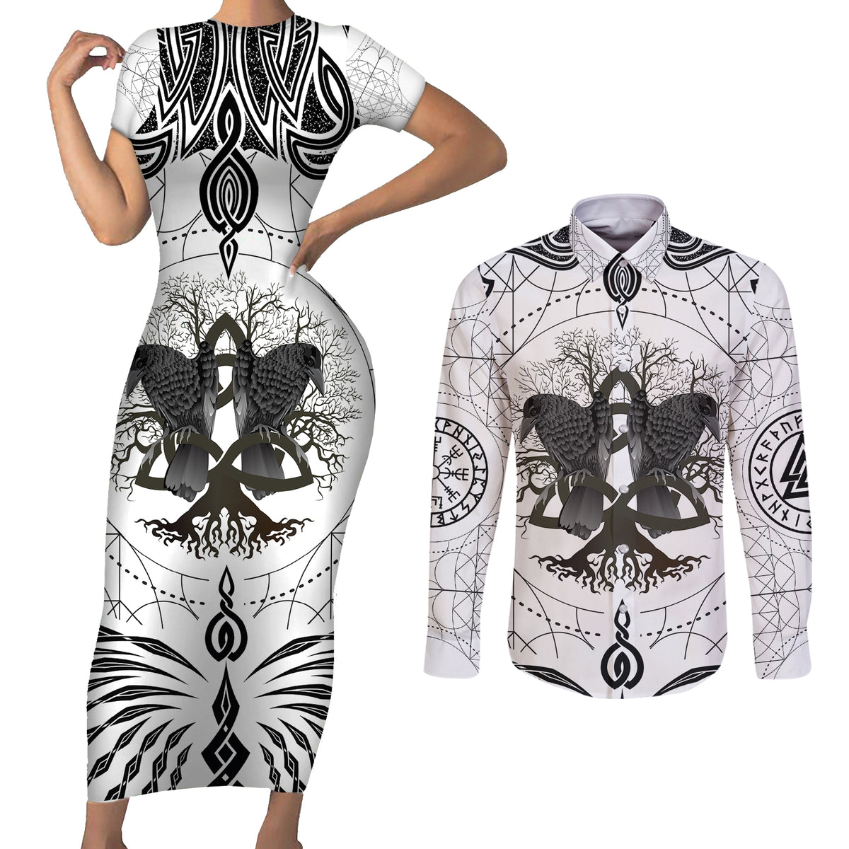 Mystic Valknut and Viking Circle Couples Matching Short Sleeve Bodycon Dress and Long Sleeve Button Shirts with Twin Raven Accents - Wonder Print Shop