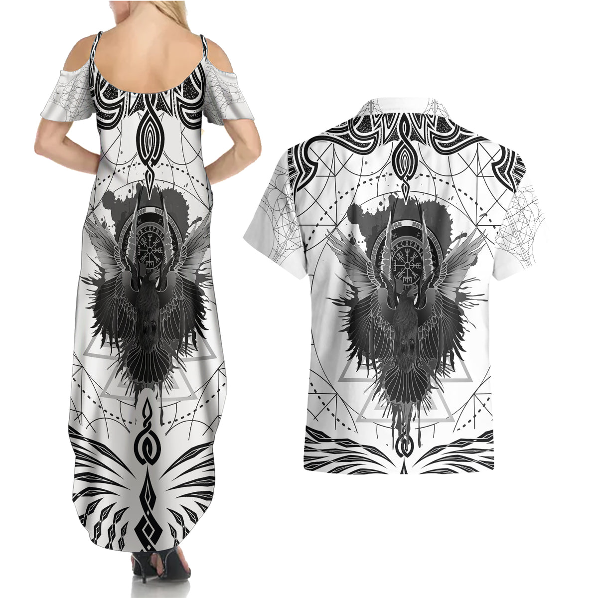 Mystic Valknut and Viking Circle Couples Matching Summer Maxi Dress and Hawaiian Shirt with Twin Raven Accents - Wonder Print Shop