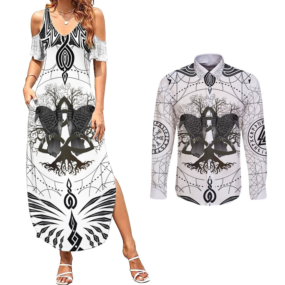 Mystic Valknut and Viking Circle Couples Matching Summer Maxi Dress and Long Sleeve Button Shirts with Twin Raven Accents - Wonder Print Shop