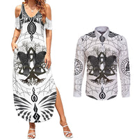 Mystic Valknut and Viking Circle Couples Matching Summer Maxi Dress and Long Sleeve Button Shirts with Twin Raven Accents - Wonder Print Shop