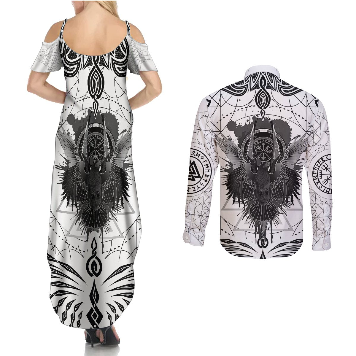 Mystic Valknut and Viking Circle Couples Matching Summer Maxi Dress and Long Sleeve Button Shirts with Twin Raven Accents - Wonder Print Shop