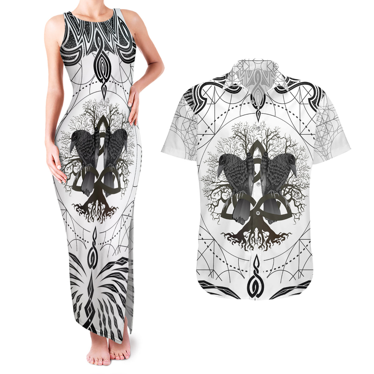 Mystic Valknut and Viking Circle Couples Matching Tank Maxi Dress and Hawaiian Shirt with Twin Raven Accents - Wonder Print Shop