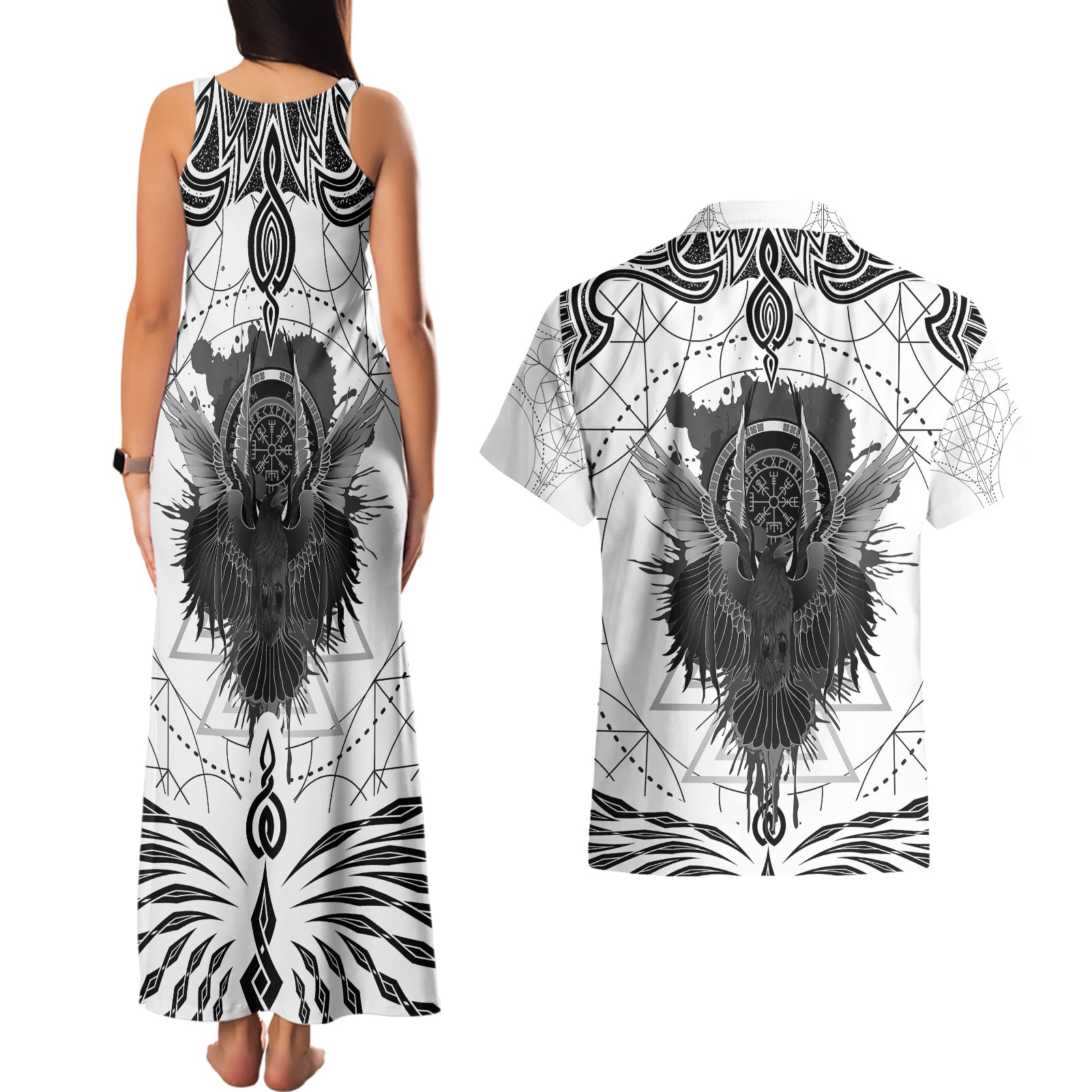 Mystic Valknut and Viking Circle Couples Matching Tank Maxi Dress and Hawaiian Shirt with Twin Raven Accents - Wonder Print Shop
