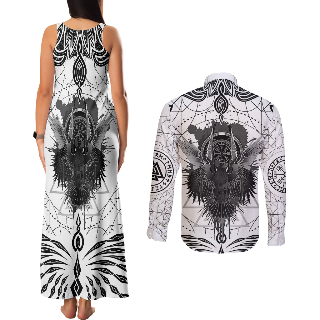 Mystic Valknut and Viking Circle Couples Matching Tank Maxi Dress and Long Sleeve Button Shirts with Twin Raven Accents - Wonder Print Shop