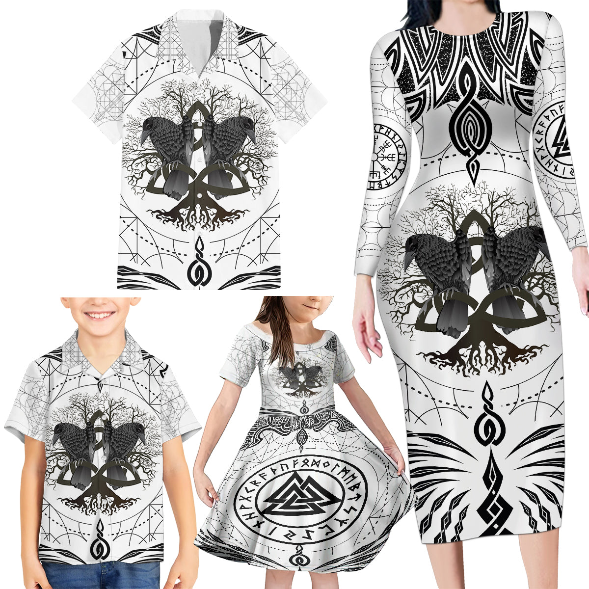 Mystic Valknut and Viking Circle Family Matching Long Sleeve Bodycon Dress and Hawaiian Shirt with Twin Raven Accents - Wonder Print Shop