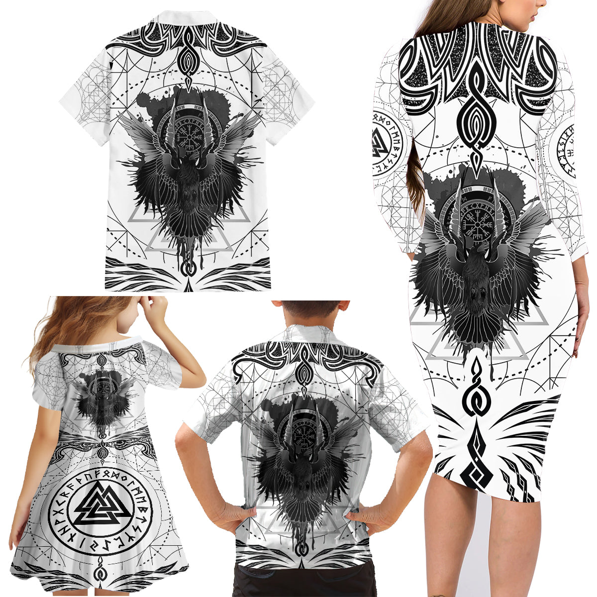 Mystic Valknut and Viking Circle Family Matching Long Sleeve Bodycon Dress and Hawaiian Shirt with Twin Raven Accents - Wonder Print Shop