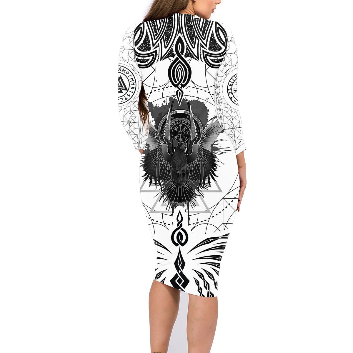 Mystic Valknut and Viking Circle Family Matching Long Sleeve Bodycon Dress and Hawaiian Shirt with Twin Raven Accents - Wonder Print Shop