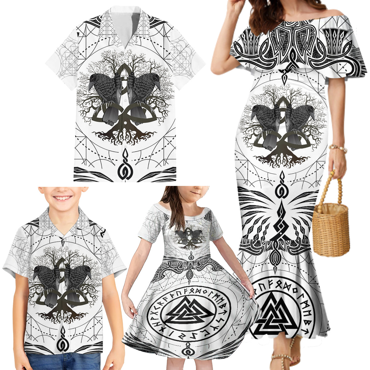 Mystic Valknut and Viking Circle Family Matching Mermaid Dress and Hawaiian Shirt with Twin Raven Accents - Wonder Print Shop