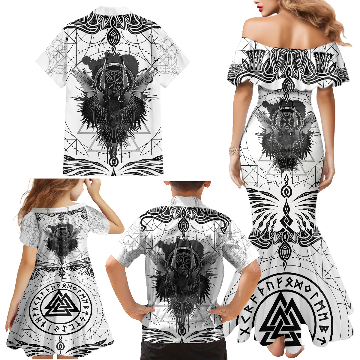 Mystic Valknut and Viking Circle Family Matching Mermaid Dress and Hawaiian Shirt with Twin Raven Accents - Wonder Print Shop