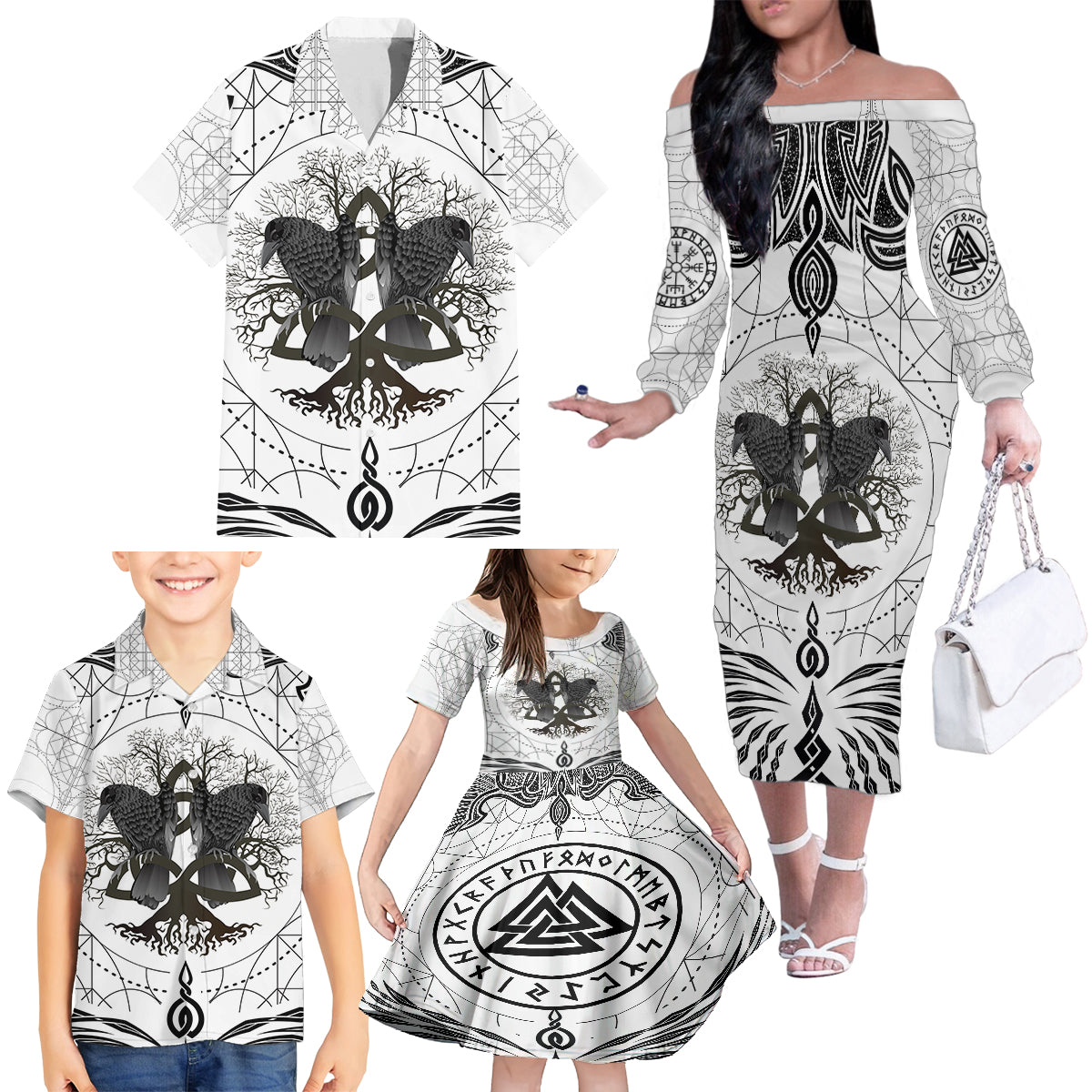 Mystic Valknut and Viking Circle Family Matching Off Shoulder Long Sleeve Dress and Hawaiian Shirt with Twin Raven Accents - Wonder Print Shop