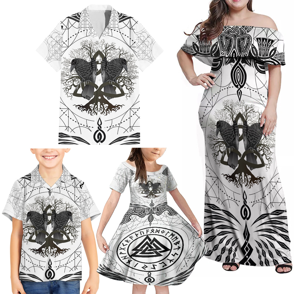 Mystic Valknut and Viking Circle Family Matching Off Shoulder Maxi Dress and Hawaiian Shirt with Twin Raven Accents - Wonder Print Shop