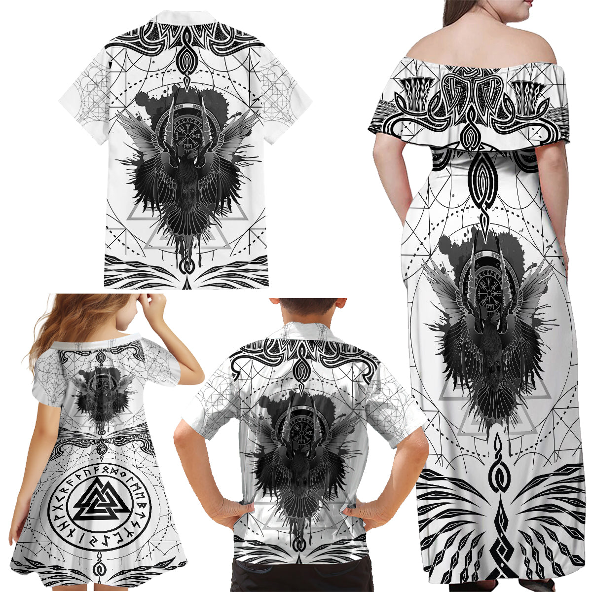 Mystic Valknut and Viking Circle Family Matching Off Shoulder Maxi Dress and Hawaiian Shirt with Twin Raven Accents - Wonder Print Shop