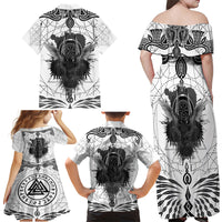 Mystic Valknut and Viking Circle Family Matching Off Shoulder Maxi Dress and Hawaiian Shirt with Twin Raven Accents - Wonder Print Shop