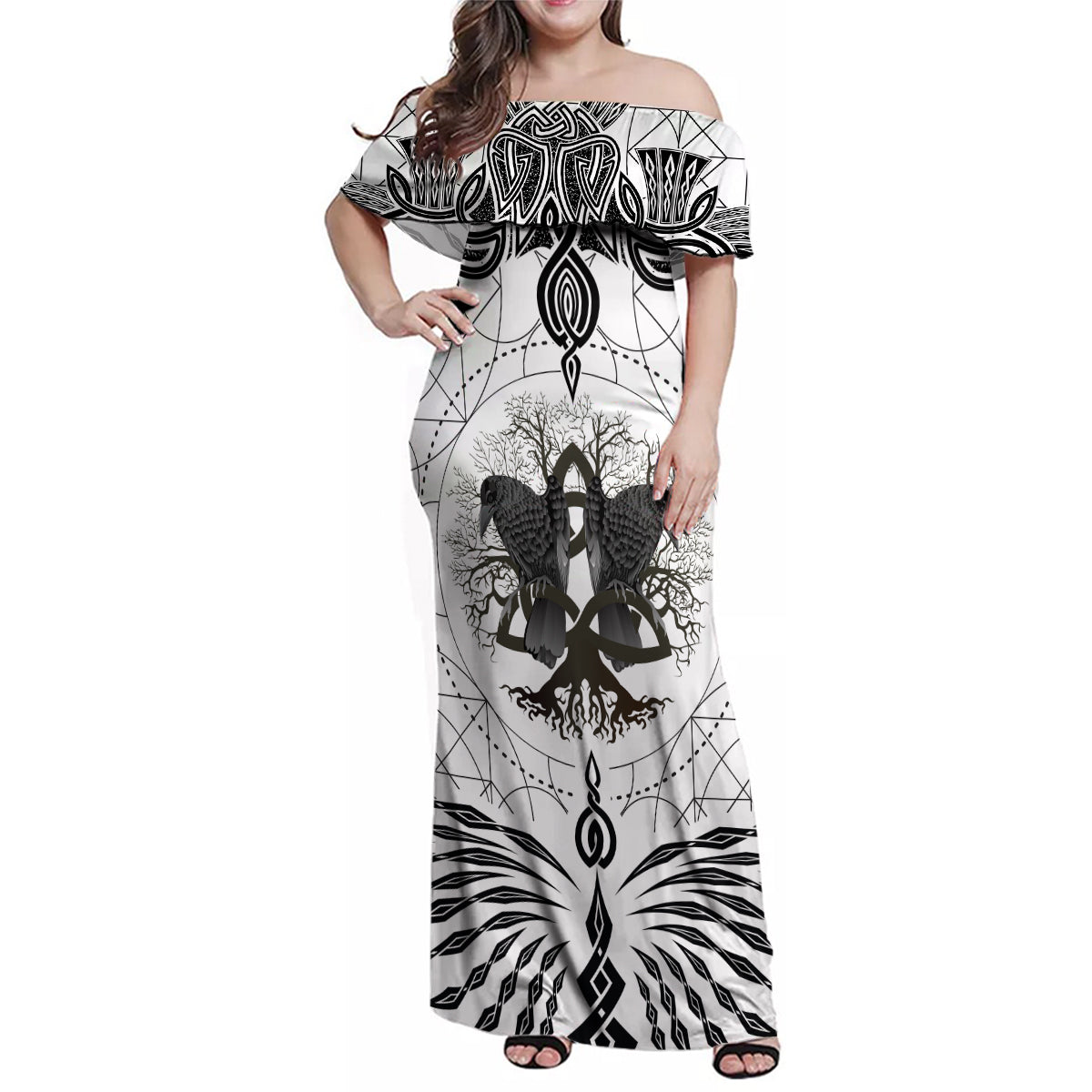 Mystic Valknut and Viking Circle Family Matching Off Shoulder Maxi Dress and Hawaiian Shirt with Twin Raven Accents - Wonder Print Shop