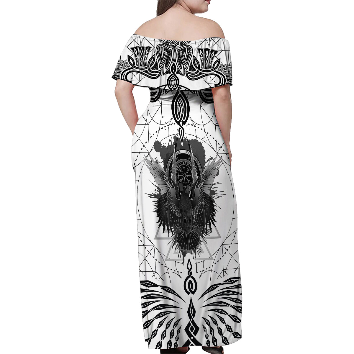 Mystic Valknut and Viking Circle Family Matching Off Shoulder Maxi Dress and Hawaiian Shirt with Twin Raven Accents - Wonder Print Shop