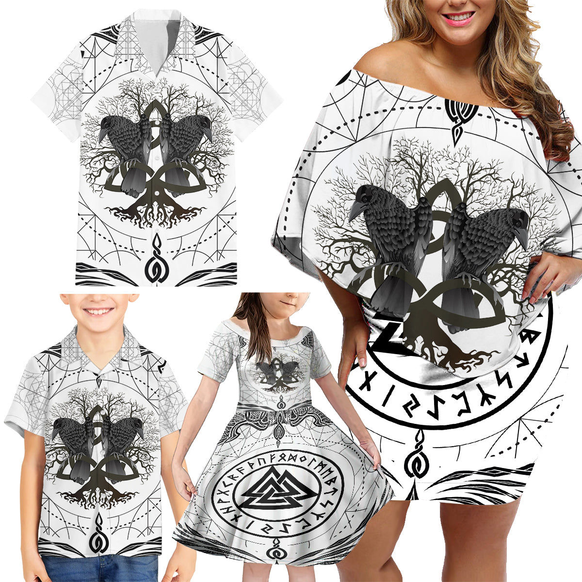 Mystic Valknut and Viking Circle Family Matching Off Shoulder Short Dress and Hawaiian Shirt with Twin Raven Accents - Wonder Print Shop