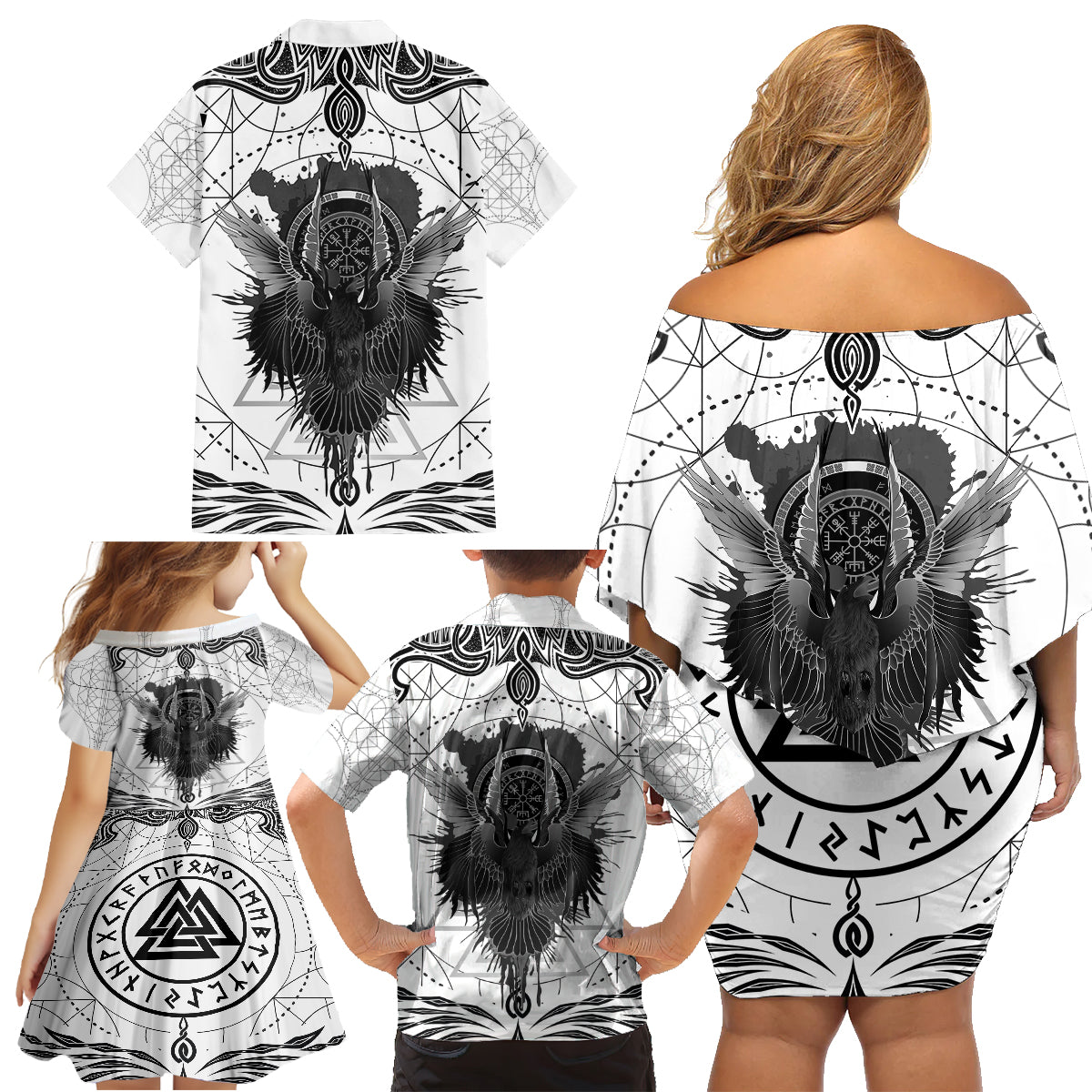 Mystic Valknut and Viking Circle Family Matching Off Shoulder Short Dress and Hawaiian Shirt with Twin Raven Accents - Wonder Print Shop