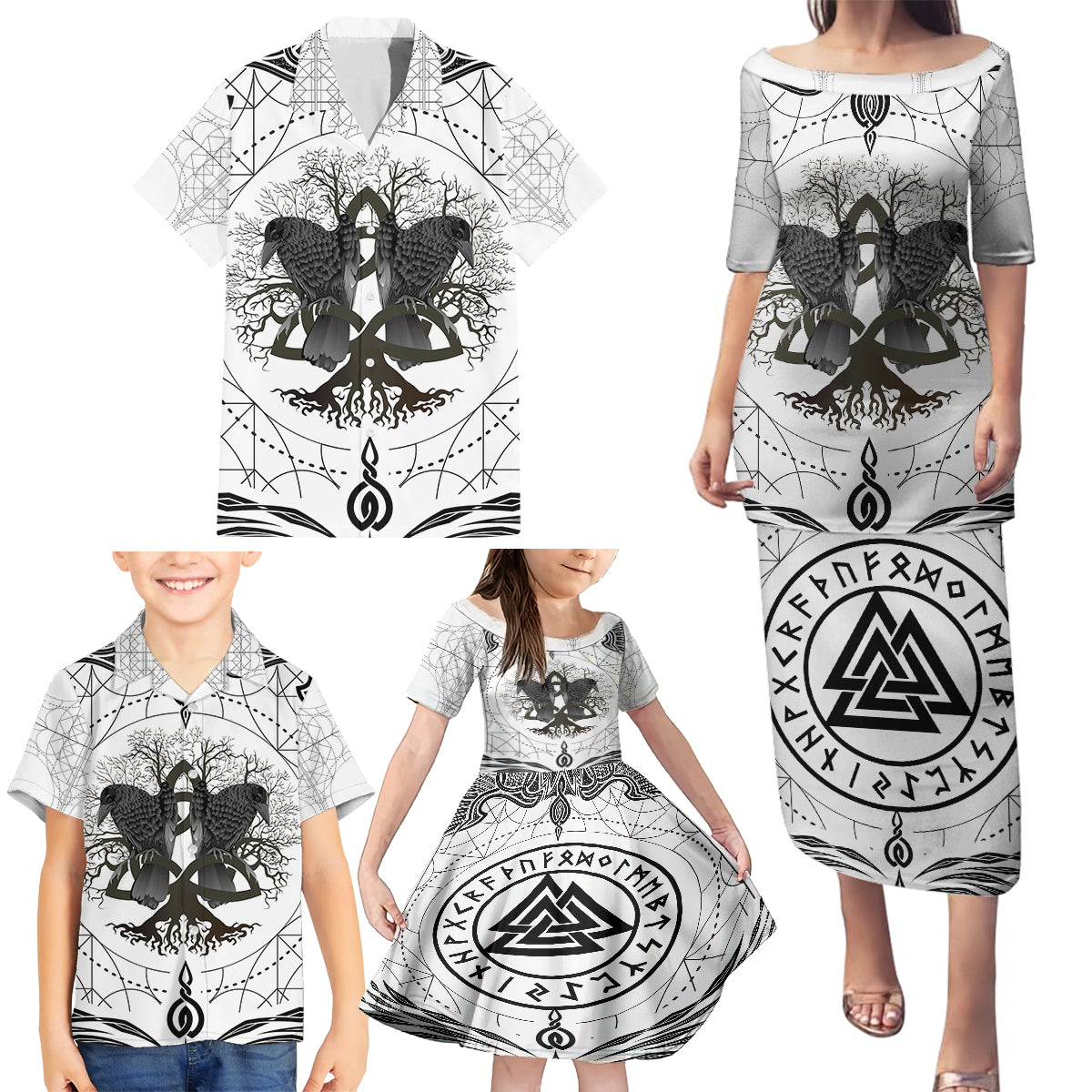 Mystic Valknut and Viking Circle Family Matching Puletasi Dress and Hawaiian Shirt with Twin Raven Accents - Wonder Print Shop