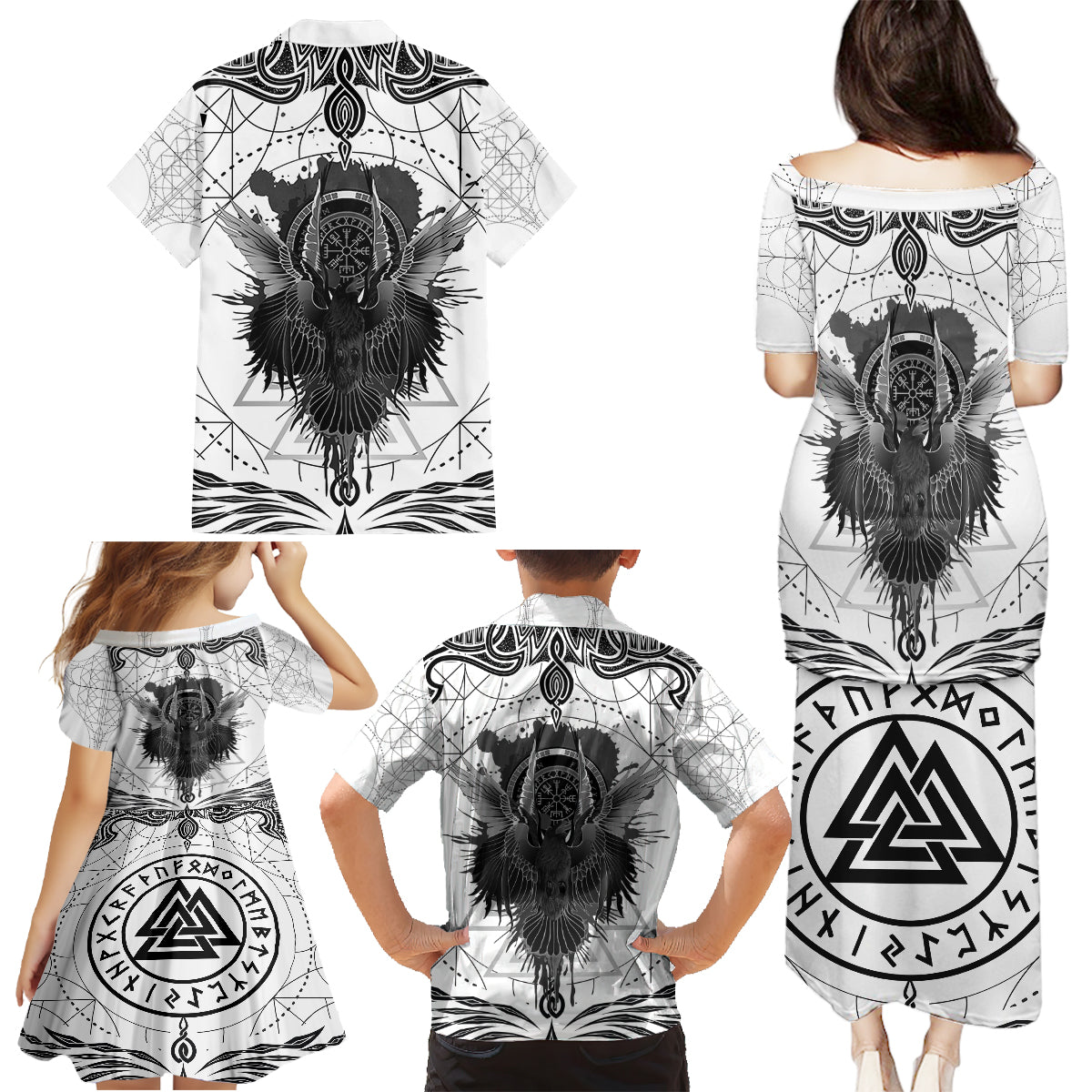 Mystic Valknut and Viking Circle Family Matching Puletasi Dress and Hawaiian Shirt with Twin Raven Accents - Wonder Print Shop