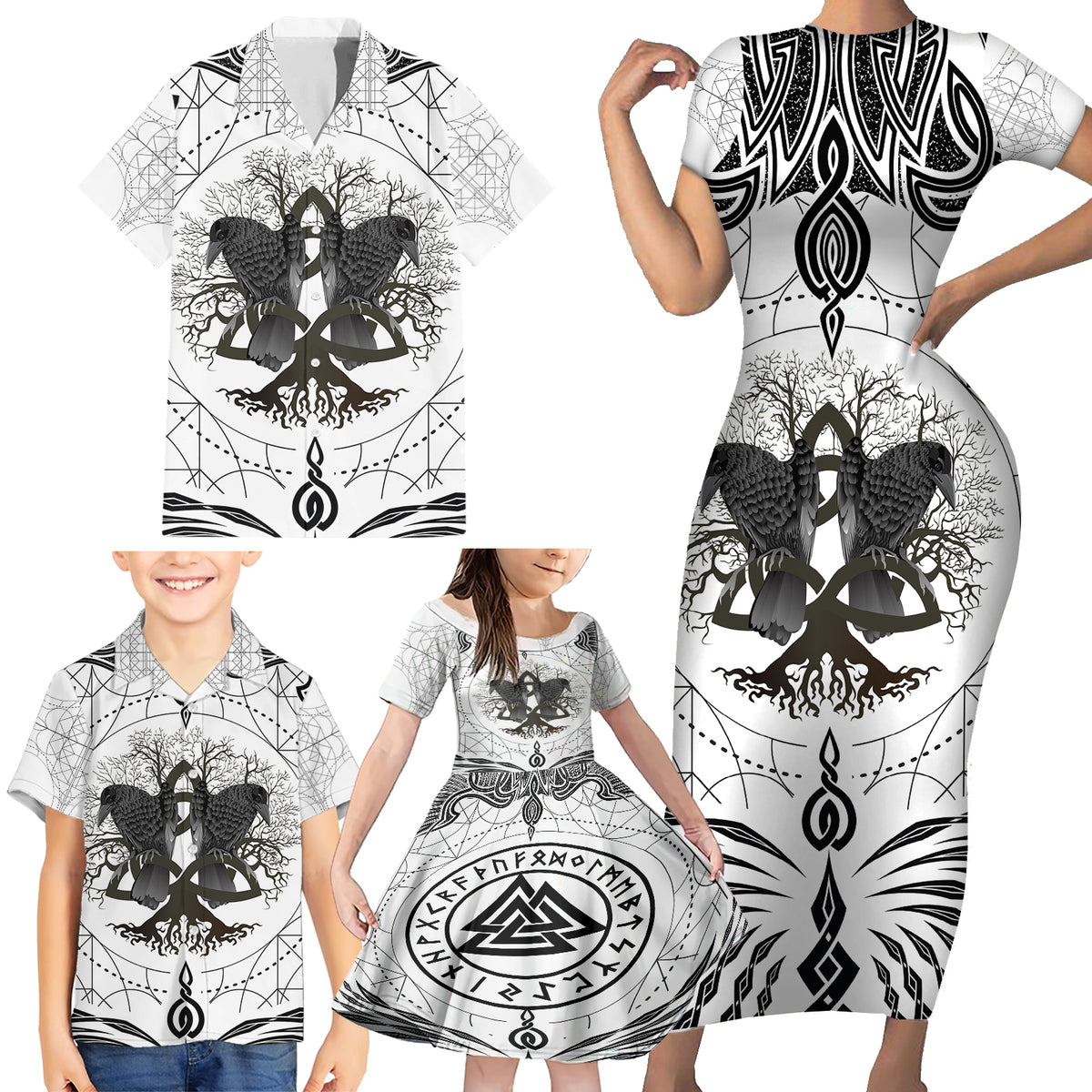 Mystic Valknut and Viking Circle Family Matching Short Sleeve Bodycon Dress and Hawaiian Shirt with Twin Raven Accents - Wonder Print Shop
