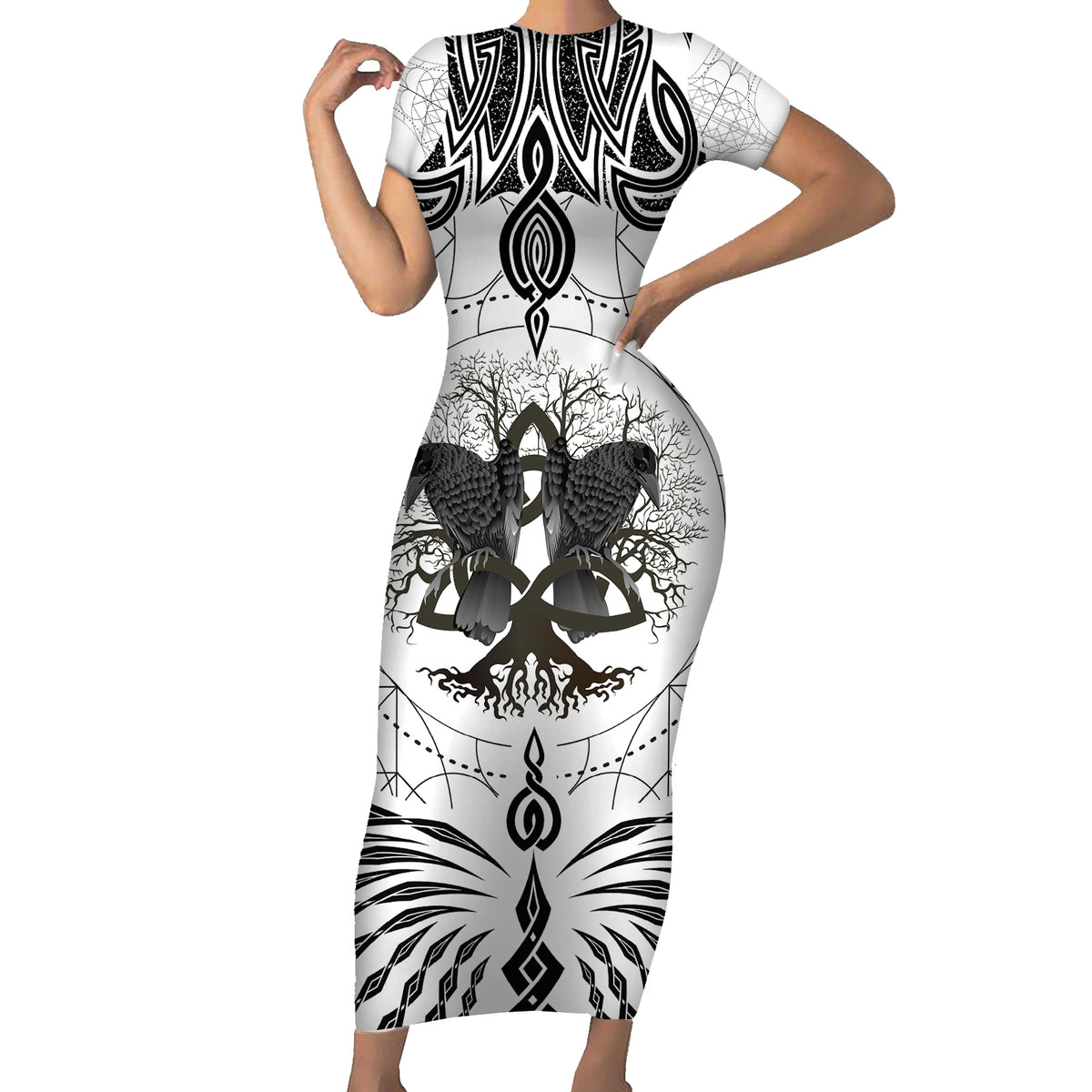 Mystic Valknut and Viking Circle Family Matching Short Sleeve Bodycon Dress and Hawaiian Shirt with Twin Raven Accents - Wonder Print Shop